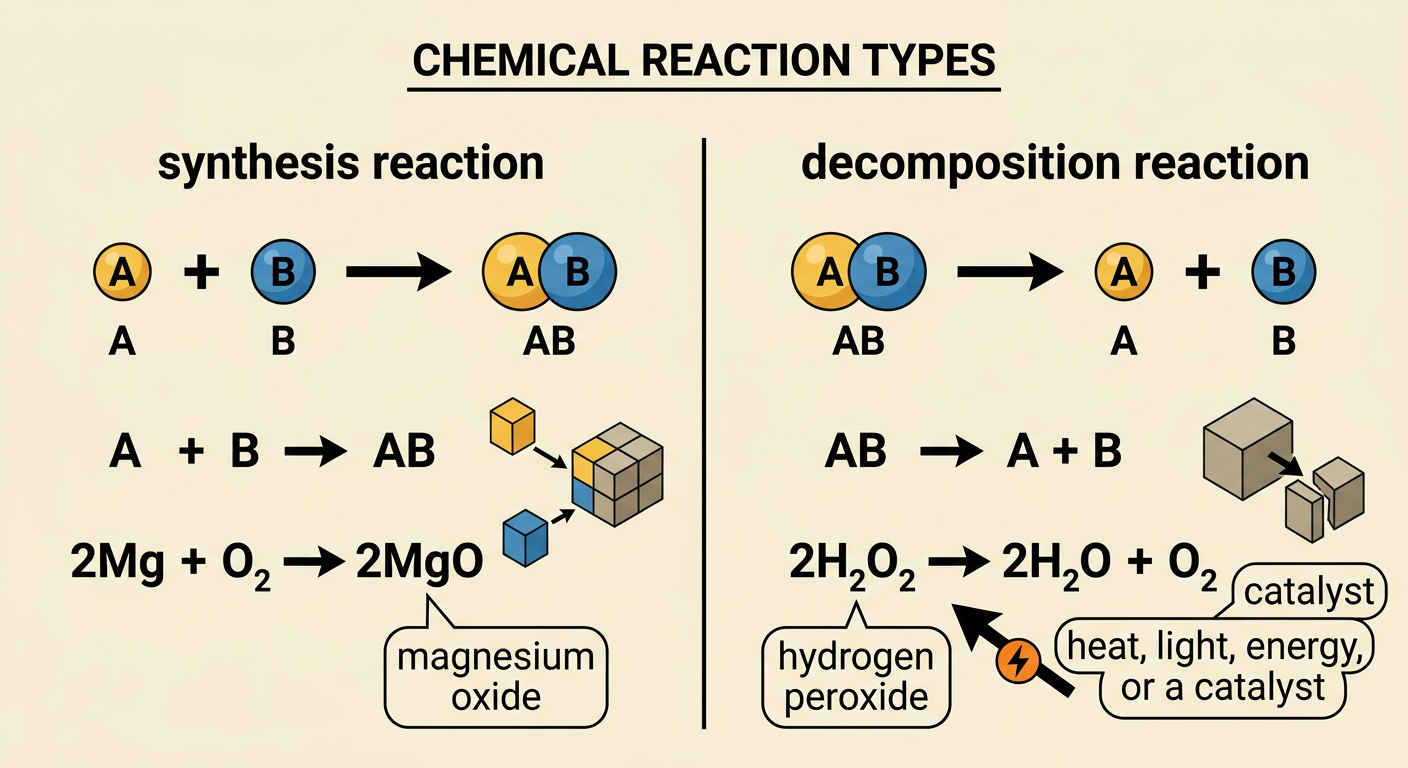 Two reaction diagrams compare substances combining in synthesis with one compound splitting during decomposition.