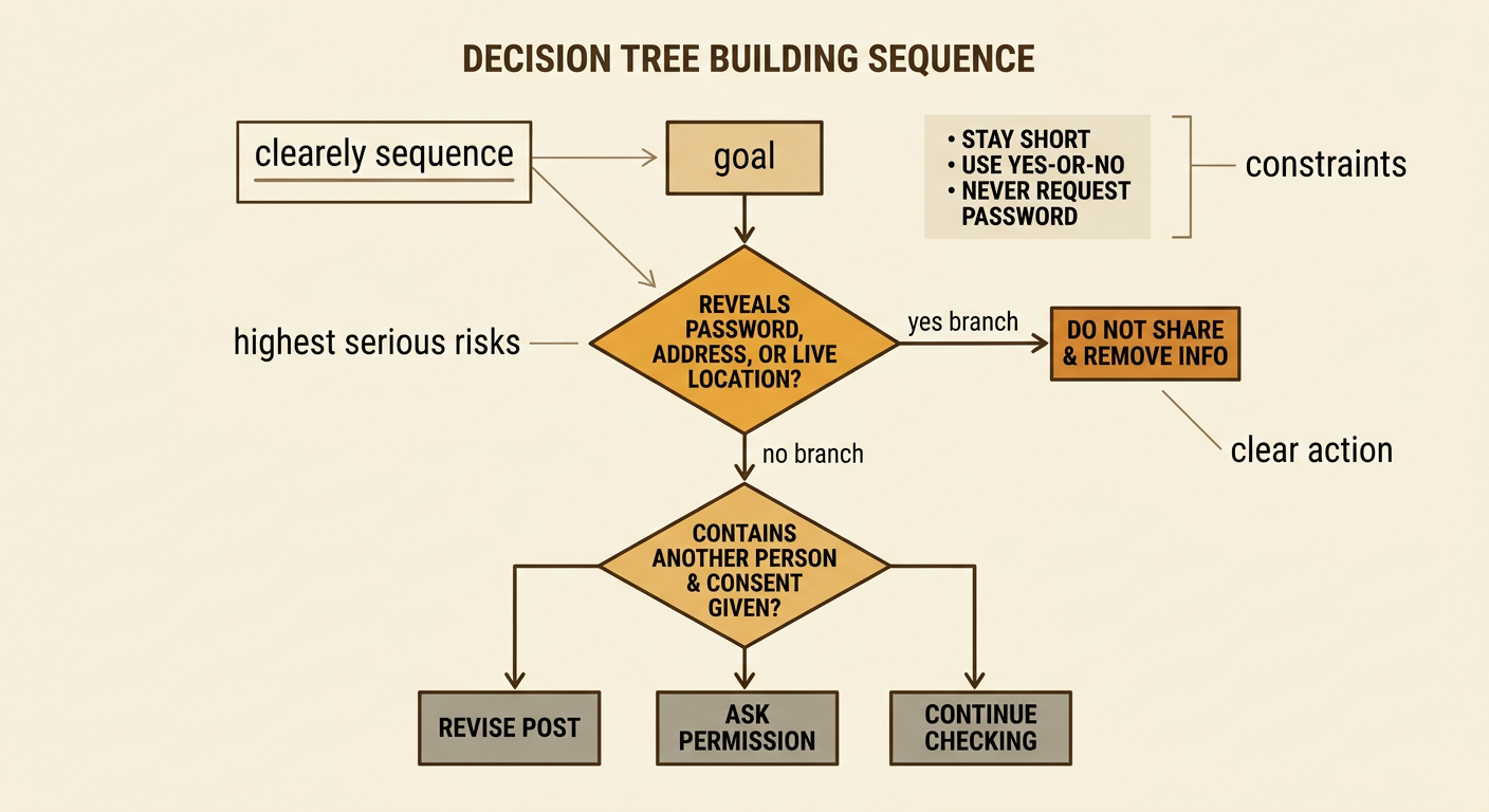 A numbered privacy decision tree begins with its goal and constraints, then splits into yes and no branches that end in clear actions.