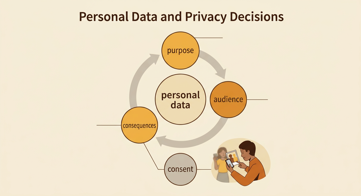 A phone displaying a location-sharing request is surrounded by the privacy considerations a user should check before responding.