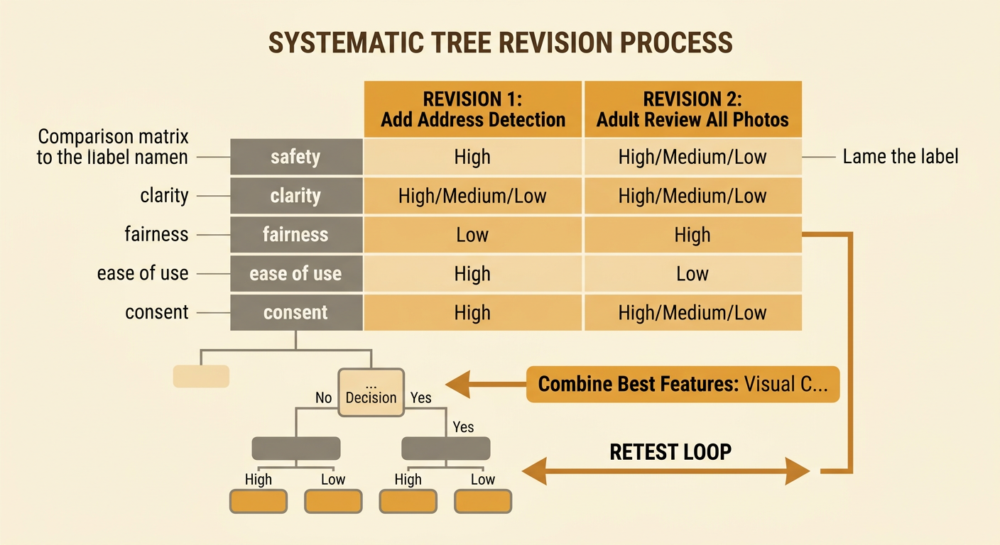 A comparison chart scores two revisions for detecting visible address clues against four design criteria.