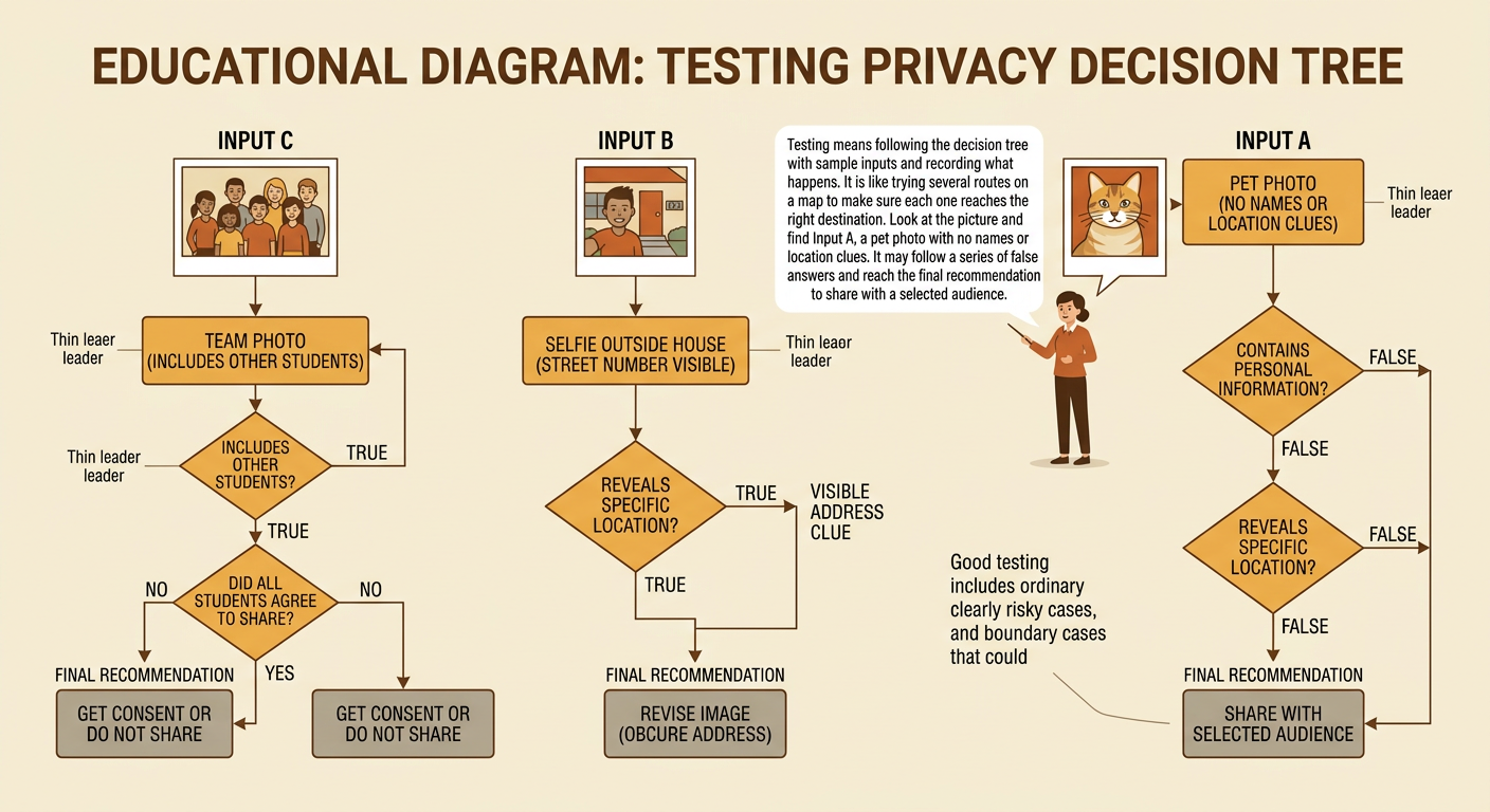 A test table shows three sample posts traveling through a privacy tree to a recorded final recommendation.