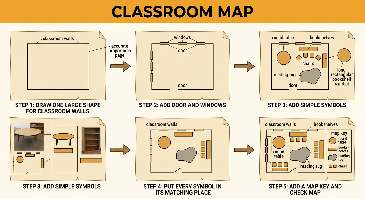 A child draws a top-down classroom map with walls, landmarks, simple symbols, and a map key.