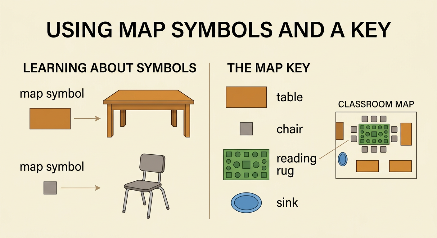 A simple map key matches classroom objects with clear colored shapes and lines.