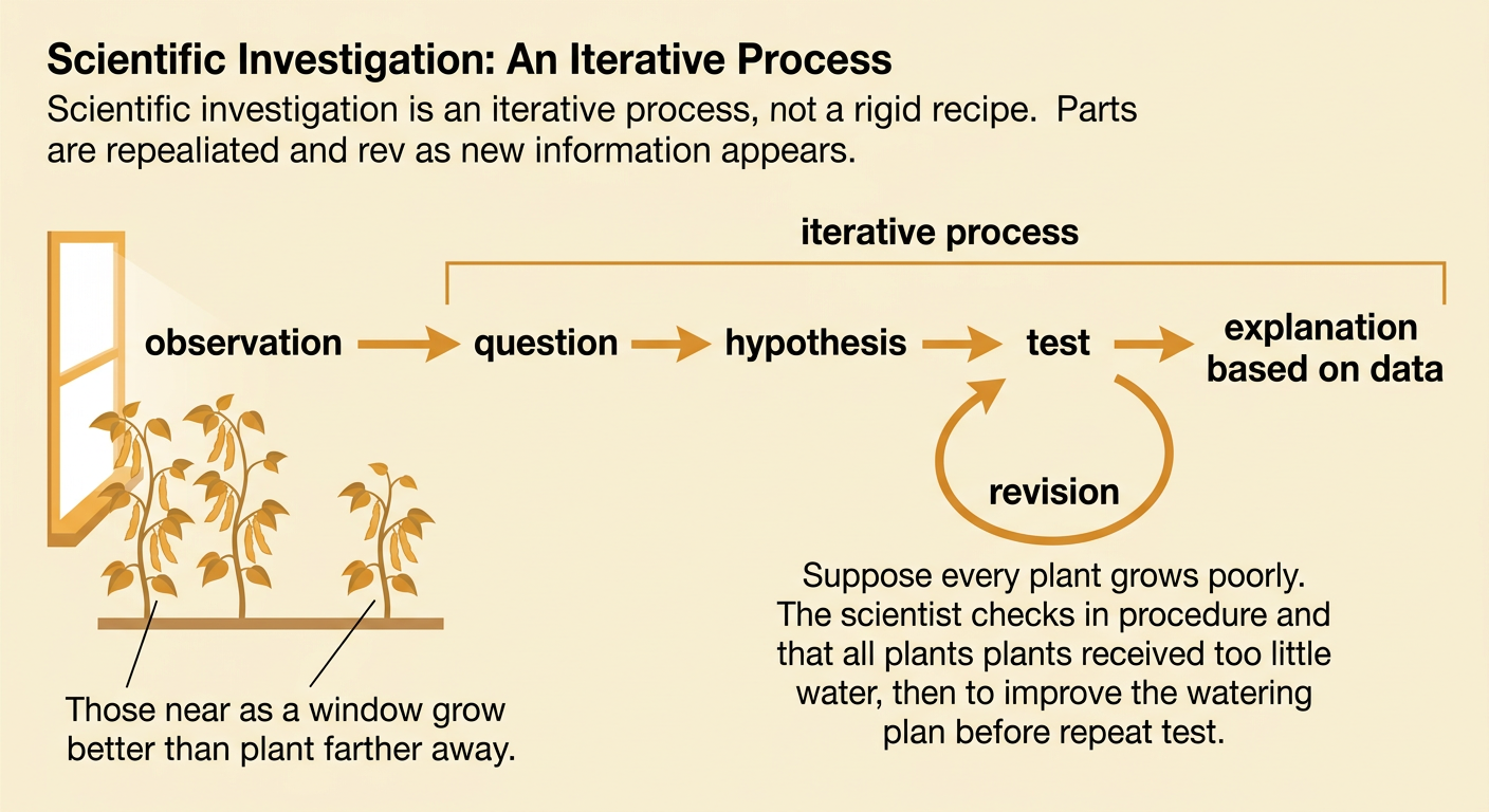 A looping investigation diagram shows a bean plant observation leading through a test to revision and another test.