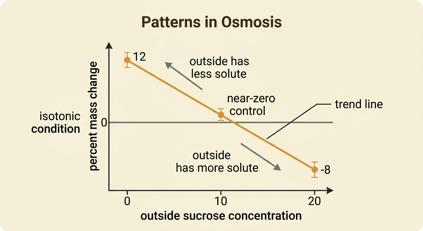 A line graph shows percent mass change falling as outside sucrose concentration rises and crossing zero near the isotonic condition.