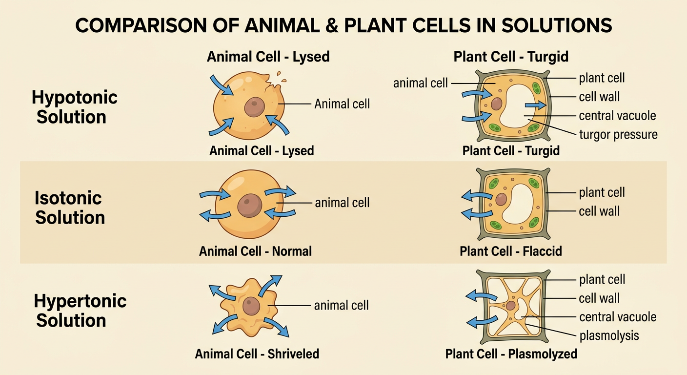 Animal and plant cells are compared in hypertonic and hypotonic solutions, including turgor pressure and plasmolysis.