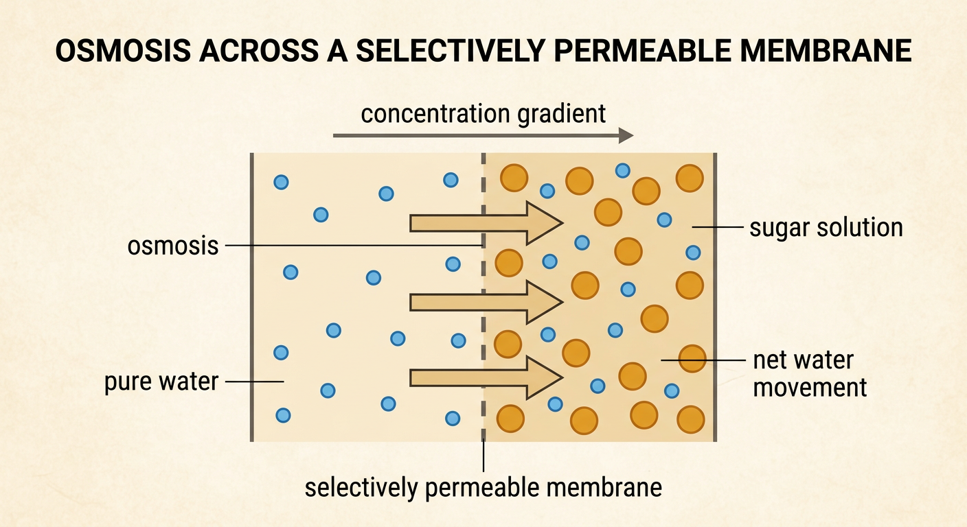 A selectively permeable membrane separates pure water from a sugar solution, with arrows showing net water movement toward the sugar.