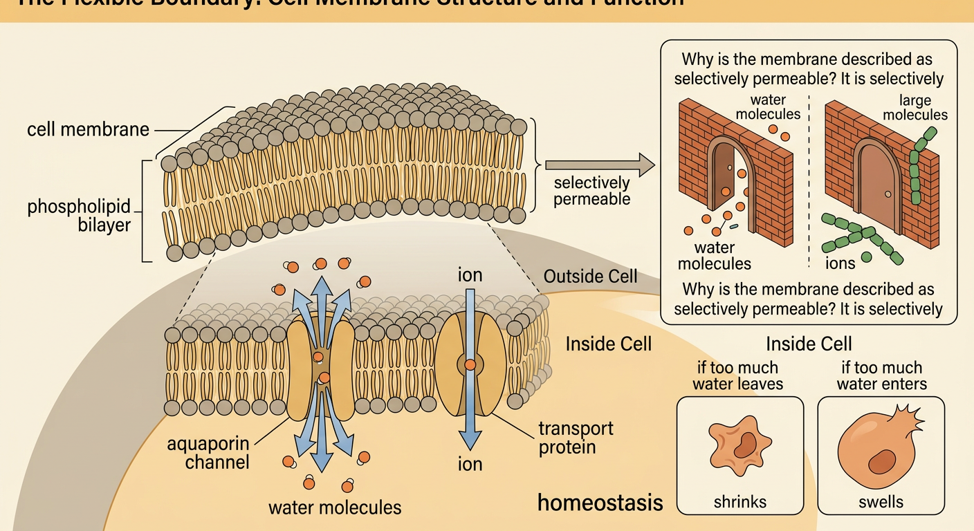 A cell membrane diagram shows water crossing the bilayer through an aquaporin while larger particles remain outside.