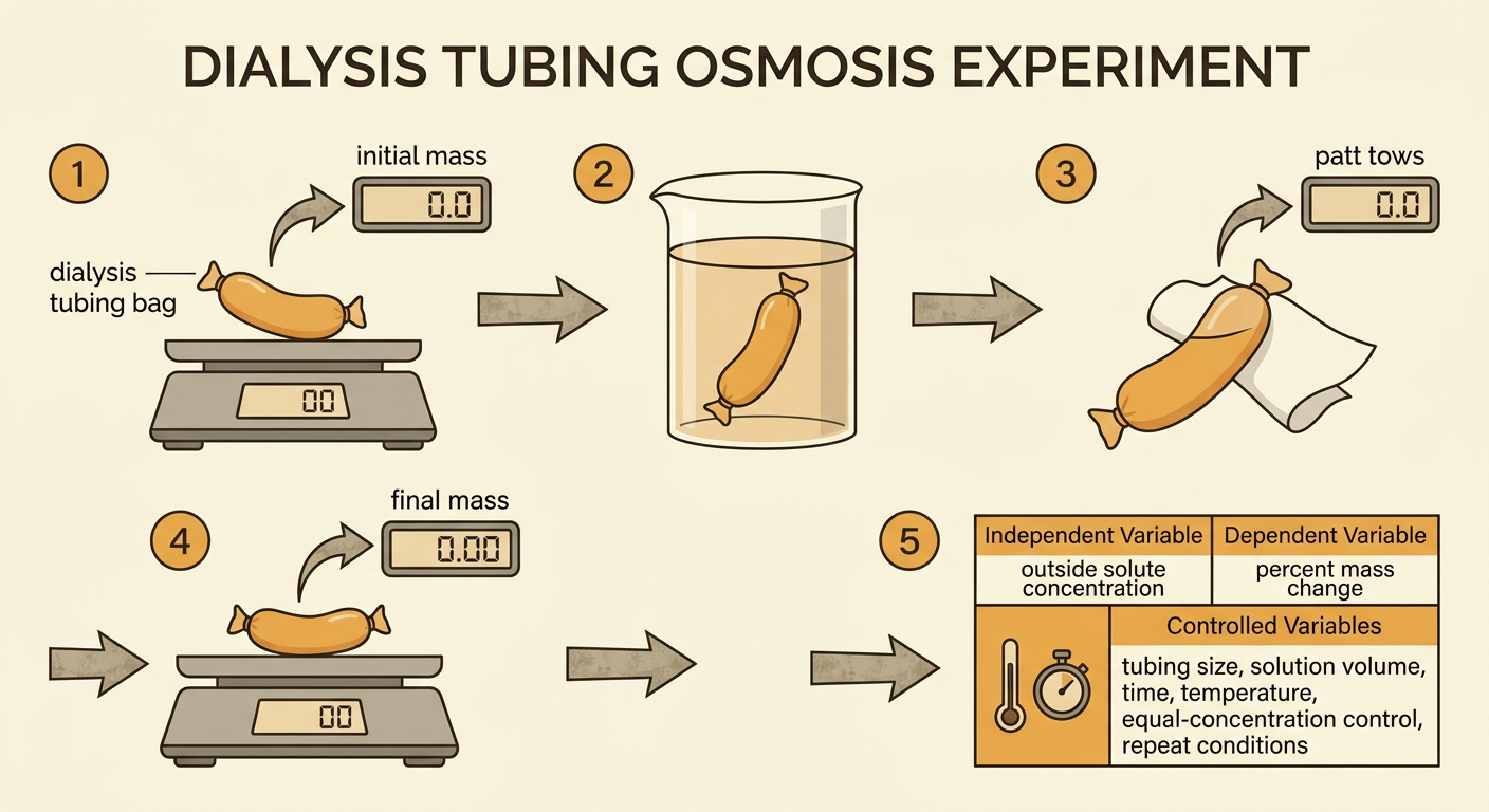 A labeled dialysis tubing bag sits in a beaker beside a balance and the percent mass change calculation.