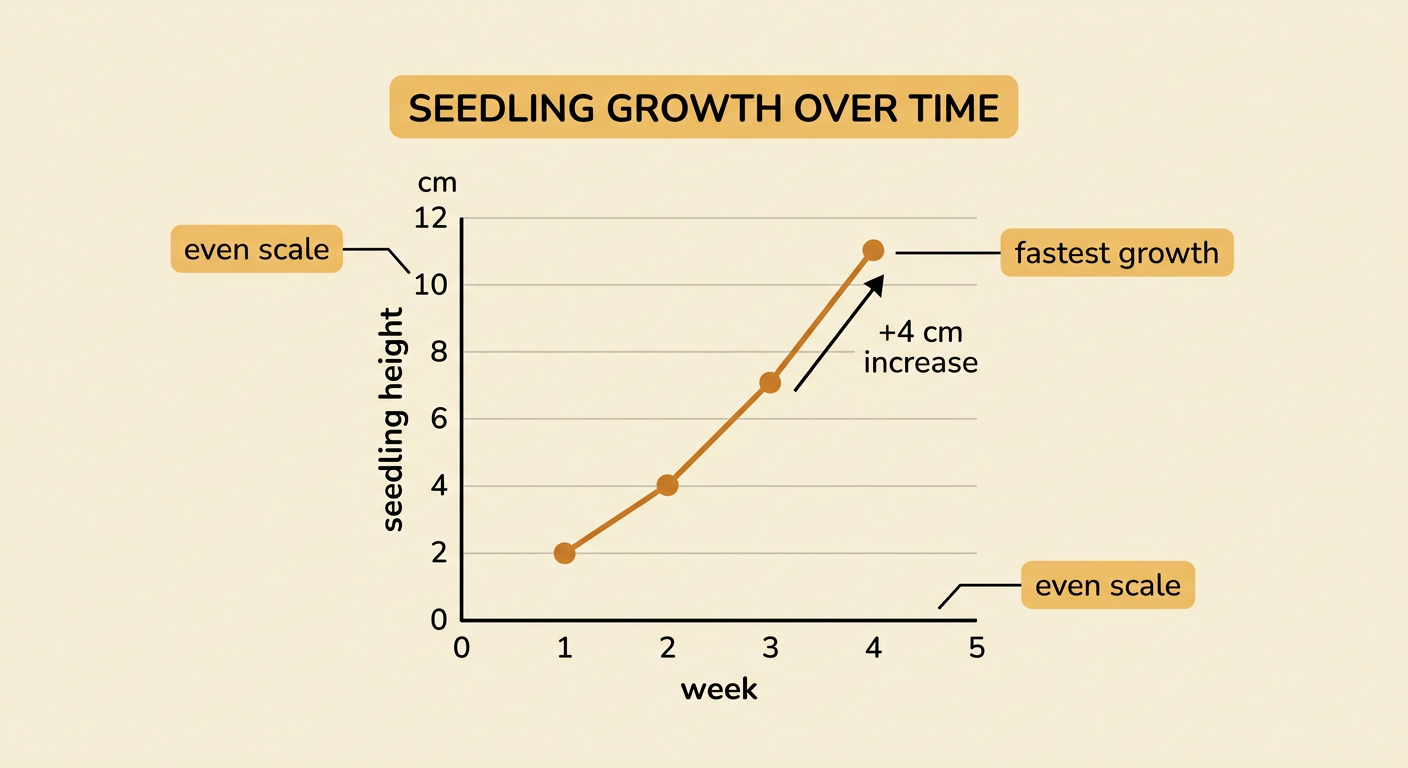 A line graph shows a seedling rising from 2 to 11 centimeters over four weeks.