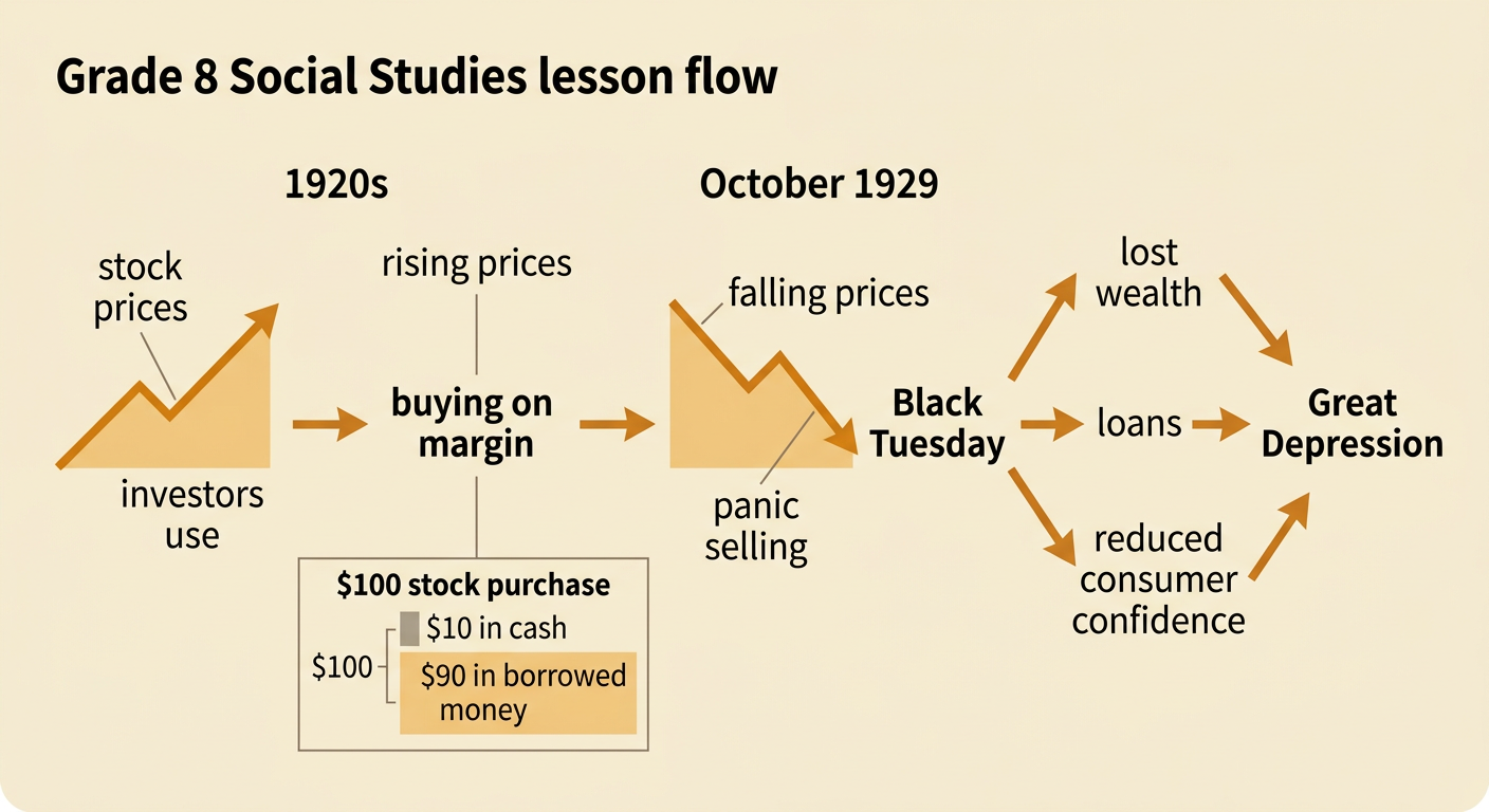 A diagram shows an investor using personal money and a large loan to buy stock before prices collapse on Black Tuesday.
