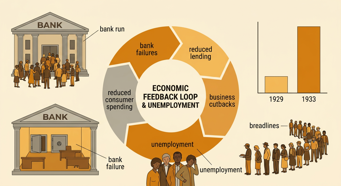 A closed bank, a bank run, an unemployed worker, and a breadline show the cycle of lost savings, jobs, and spending.