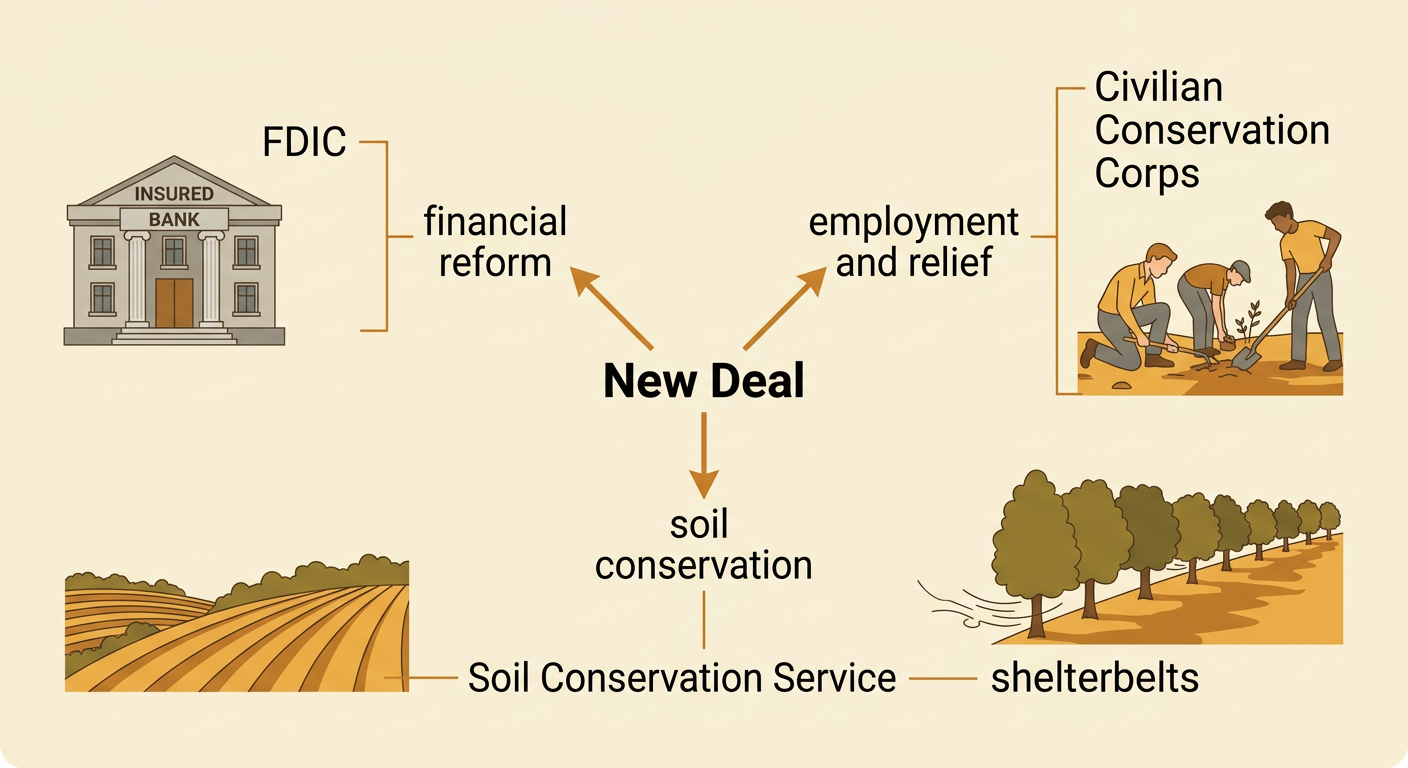 A New Deal scene shows an insured bank, a conservation work crew, and shelterbelts protecting a farm from wind.