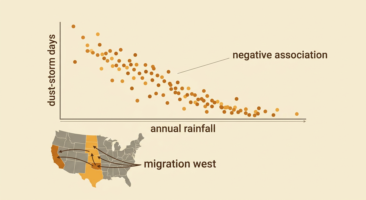 A scatter plot showing a negative association appears beside a family traveling west from the drought-stricken Plains.