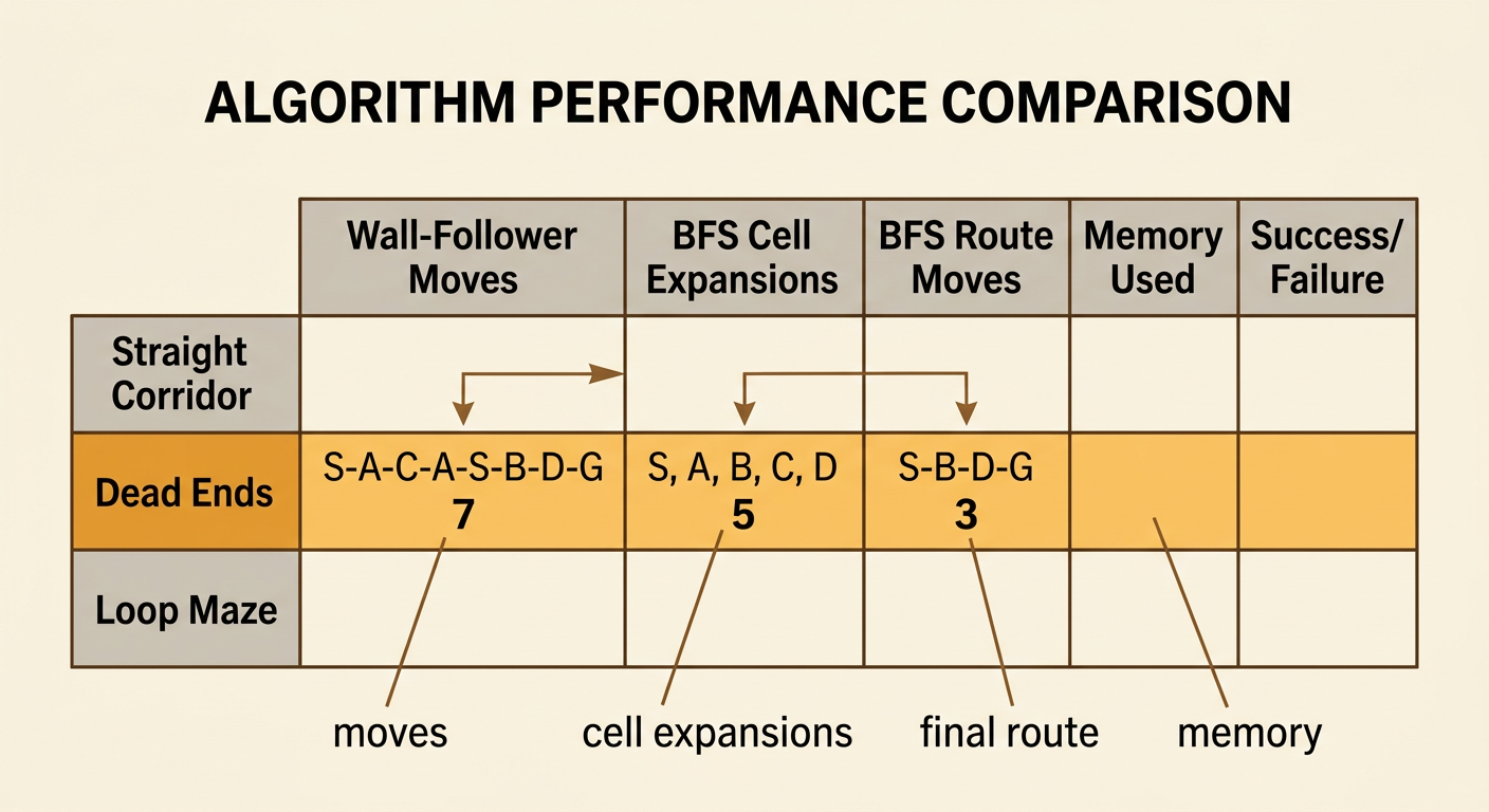 A results table compares the wall follower and BFS by movement, search work, memory use, and final path.