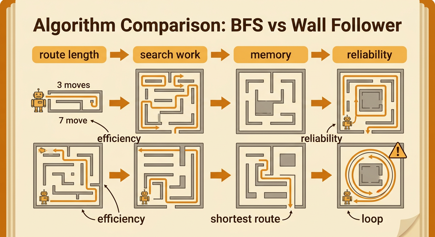 A comparison graphic contrasts BFS and wall following in a corridor, a dead end, and a looping maze.