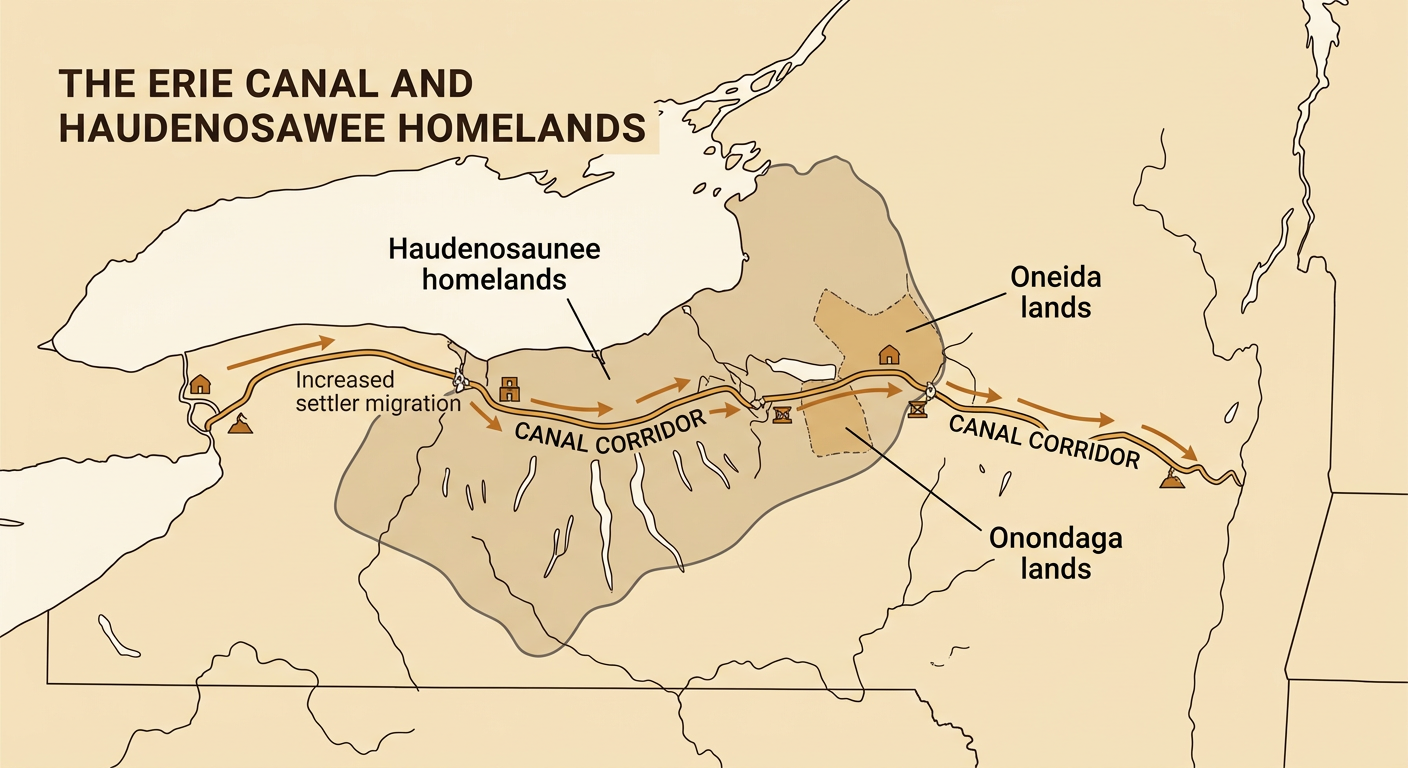 A historical map shows the canal corridor crossing Haudenosaunee homelands near Oneida and Onondaga lands as farms, towns, and roads spread nearby.