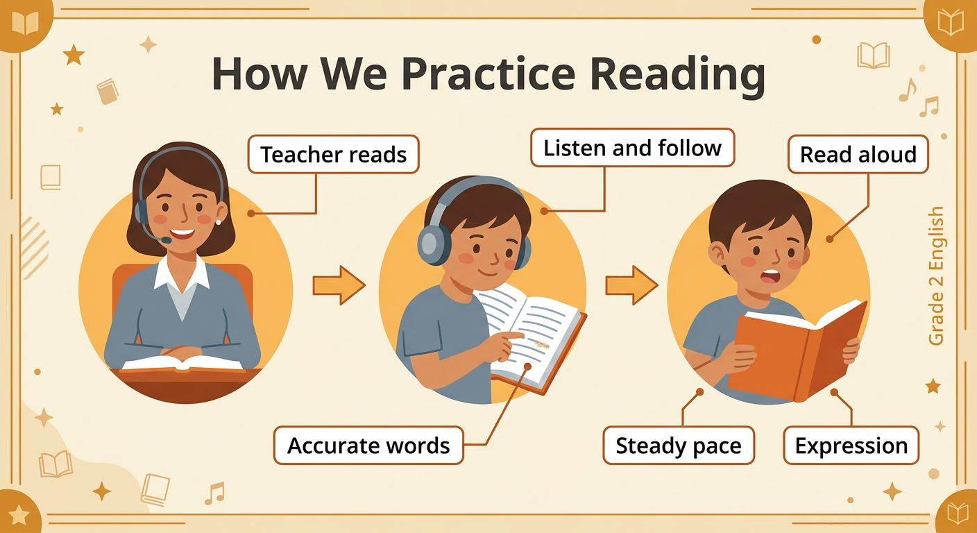 Listen to a fluent model, follow the words, and then read the same text aloud.