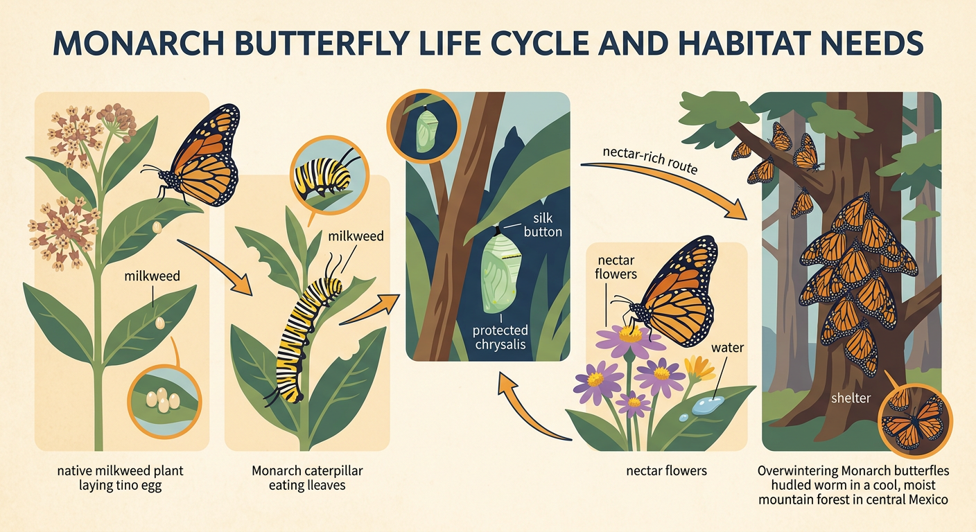 A monarch habitat garden shows milkweed, nectar flowers, water, shelter, and a protected chrysalis site.