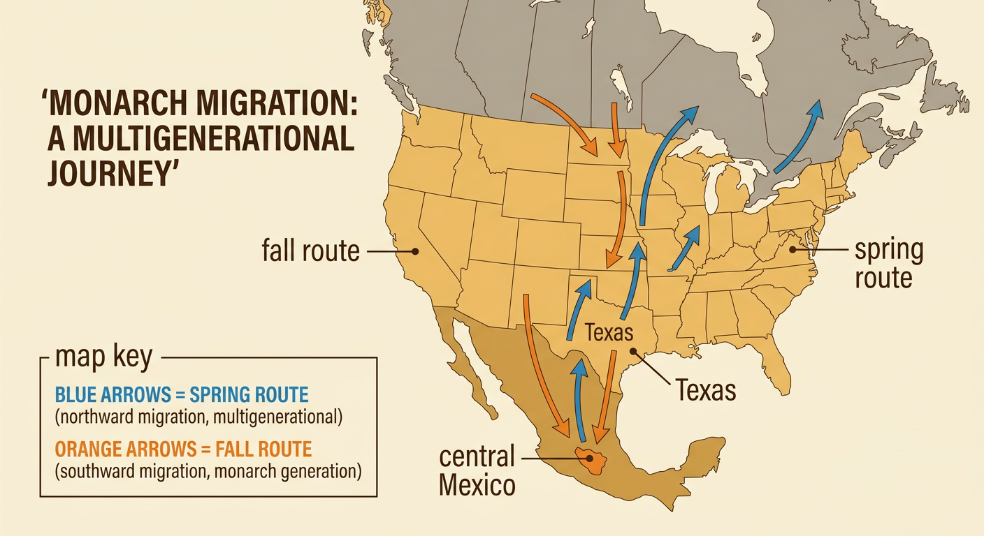 A North American map shows spring and fall monarch routes between Canada, the United States, and Mexico.