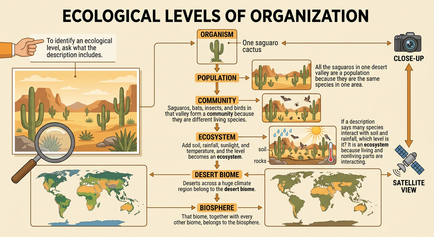 A desert-to-Earth diagram shows the six ecological levels from one saguaro cactus to the biosphere.