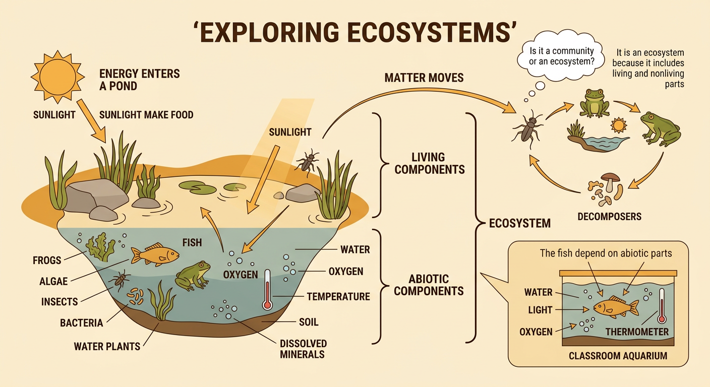 A pond ecosystem shows living organisms interacting with sunlight, water, soil, and other nonliving parts.
