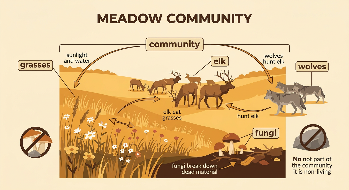 A meadow community shows elk, wolves, hawks, mice, plants, and fungi interacting near a rock.