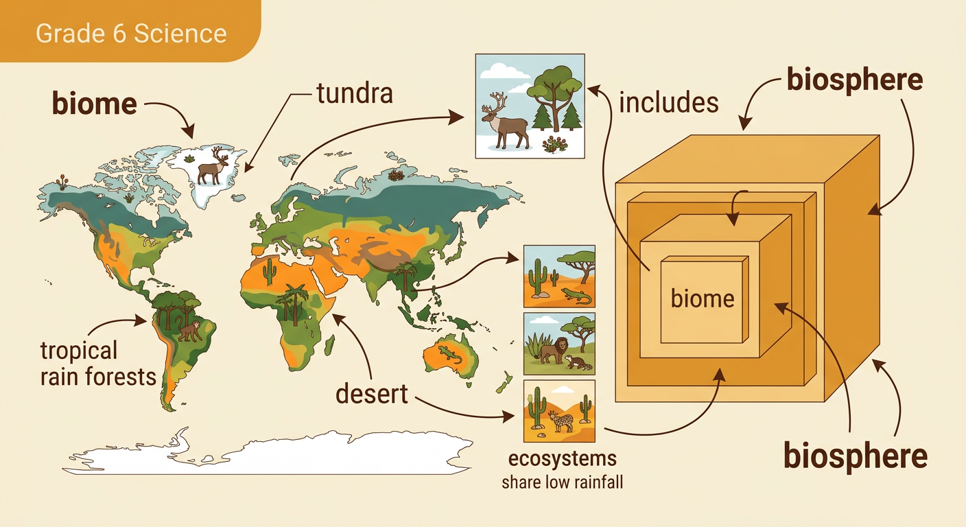 A color-coded world map shows major biomes within Earth’s biosphere.
