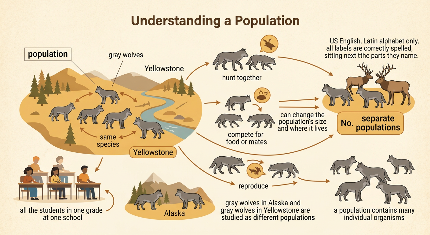A group of gray wolves in Yellowstone illustrates a population, with elk shown as a different species.