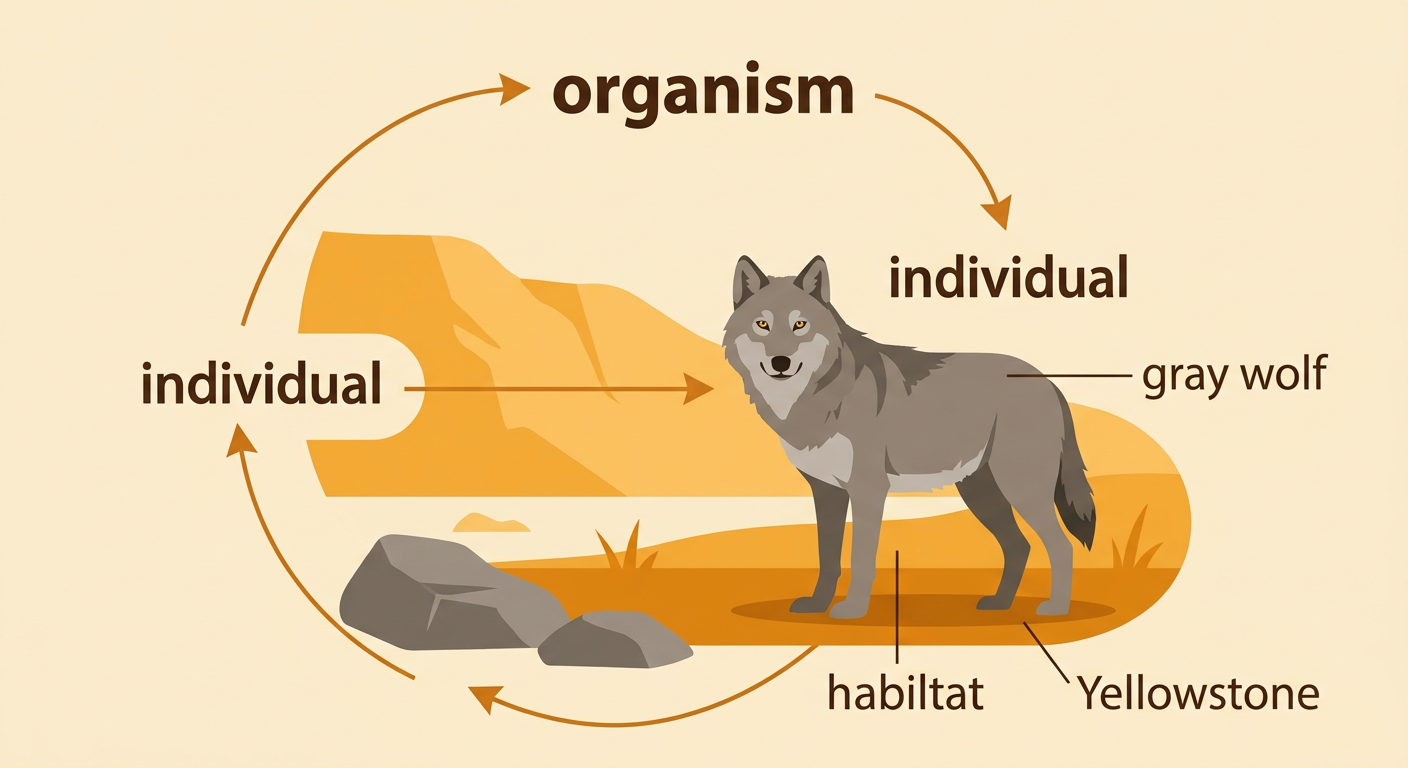 A single gray wolf stands in Yellowstone National Park with labels identifying it as an individual organism.
