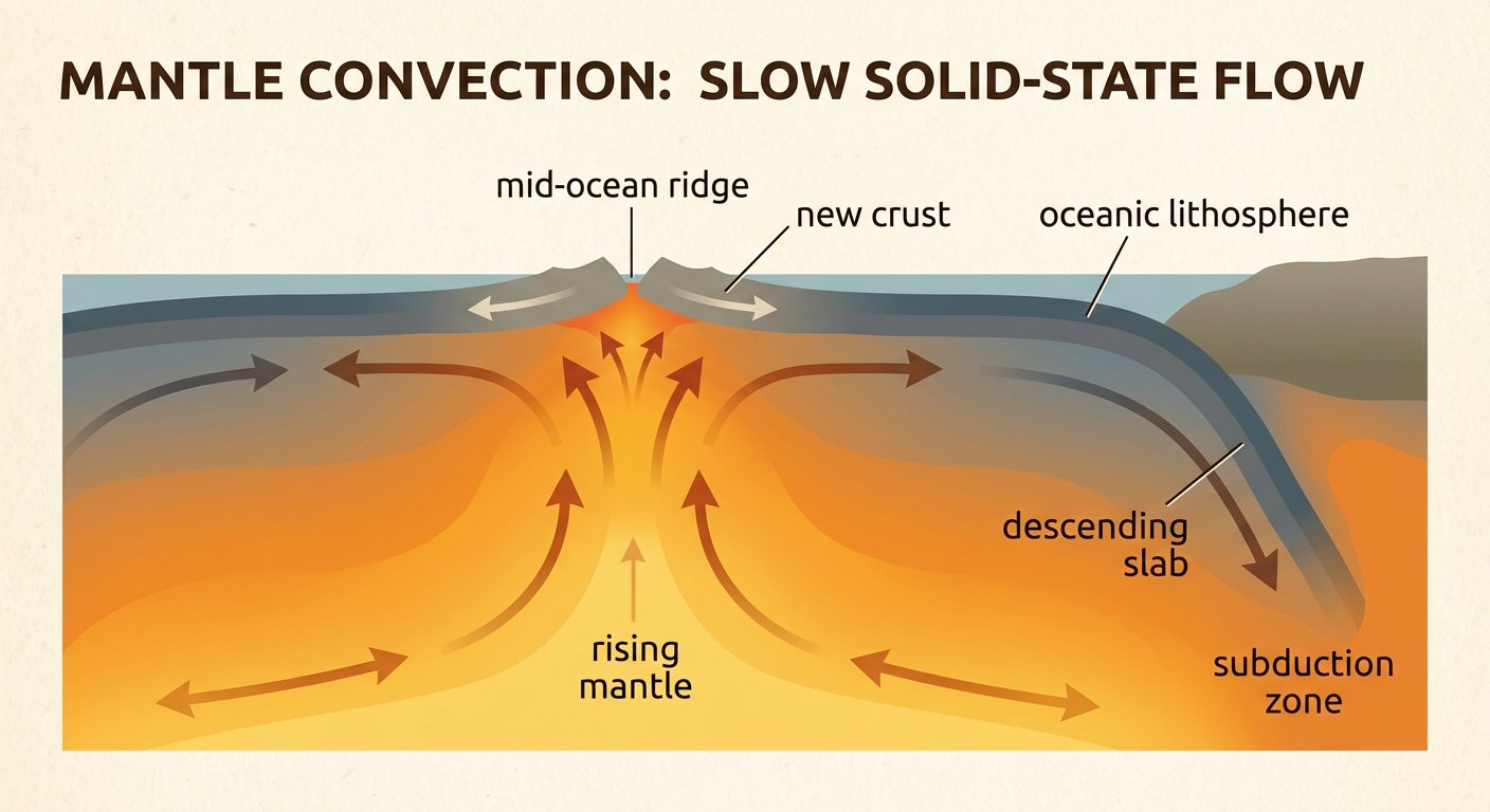 An Earth cross section shows slow mantle convection linking a mid-ocean ridge with a distant subduction zone.