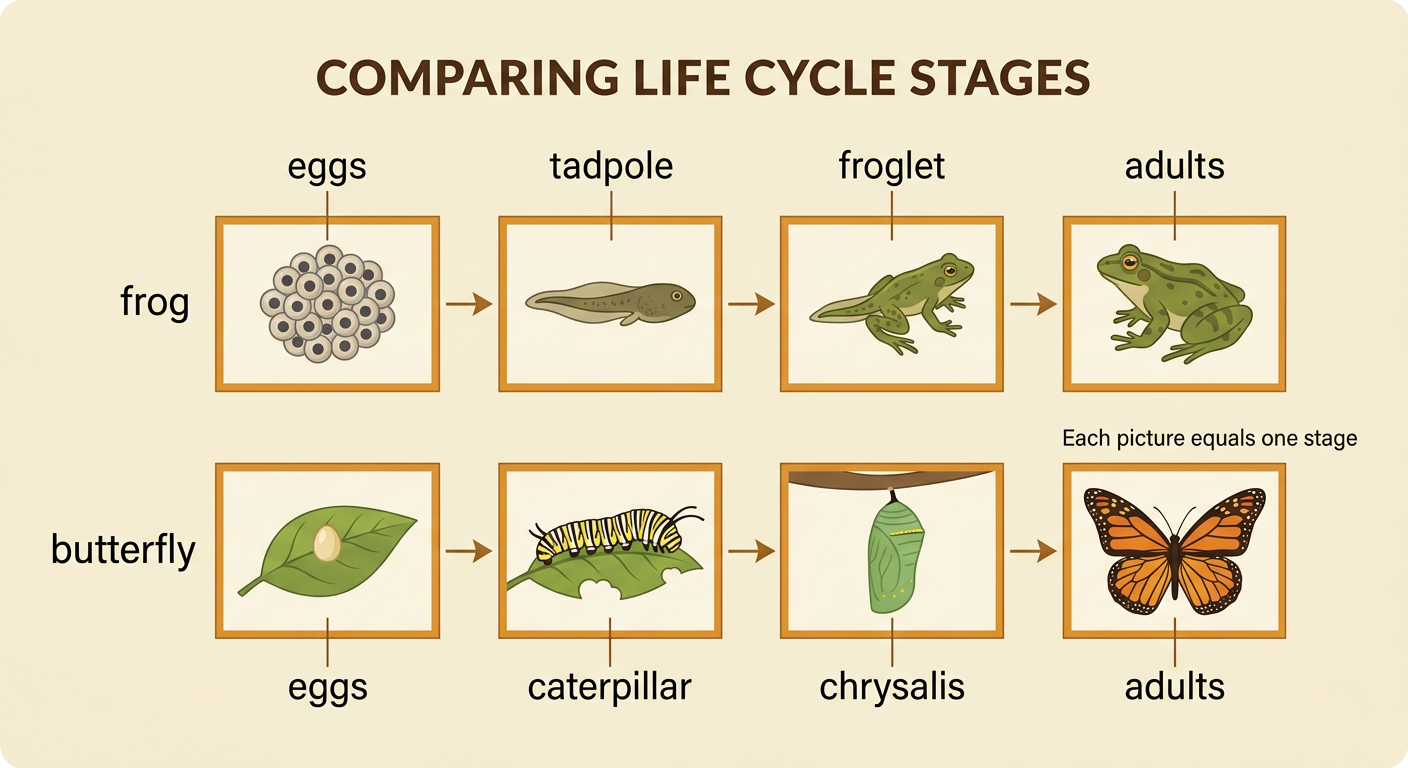 A two-row picture graph compares the four frog stages with the four butterfly stages.
