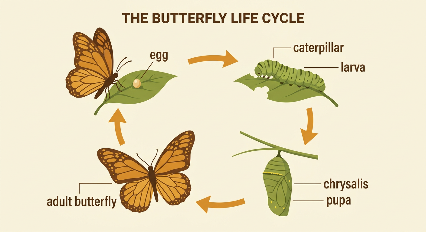 A plant diagram shows a butterfly egg, caterpillar, chrysalis, and adult butterfly connected in order.