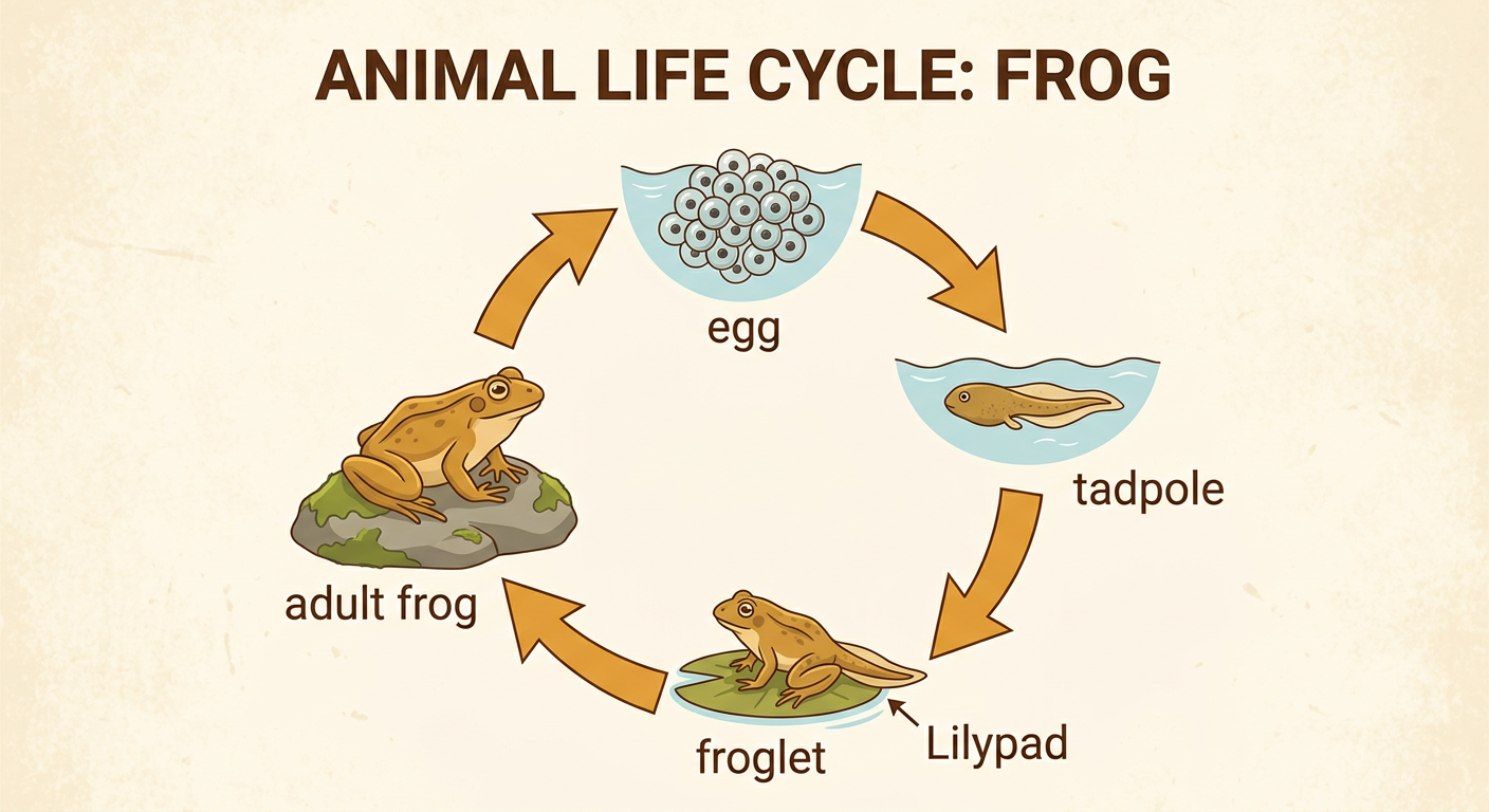 A circular frog life-cycle diagram shows an egg changing into a tadpole, froglet, and adult frog.