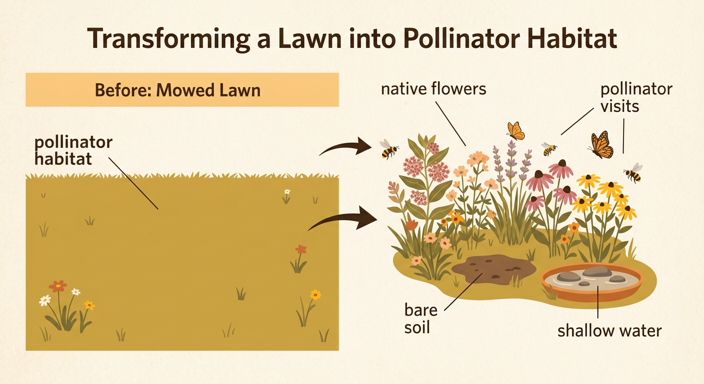A sunny school pollinator garden includes native flowers, bare soil, and a shallow water dish with visiting insects.