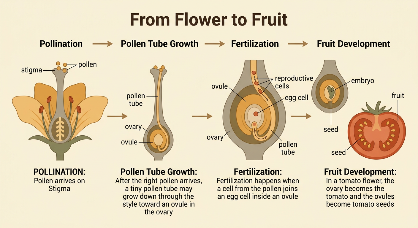 A cutaway flower traces a pollen tube to an ovule and shows the ovary becoming a tomato fruit.
