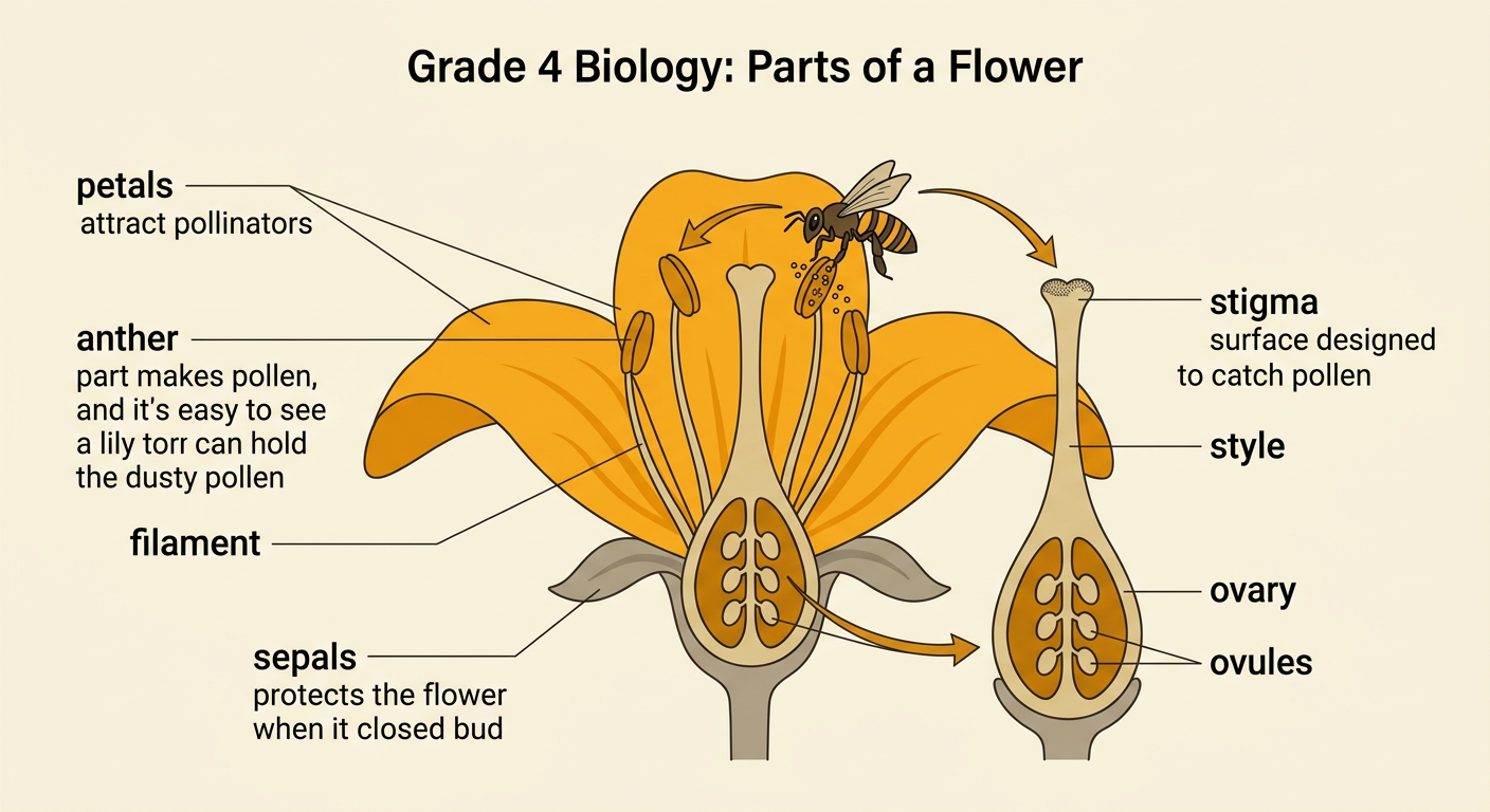 A cutaway lily shows the protective and reproductive flower parts around its dusty pollen.