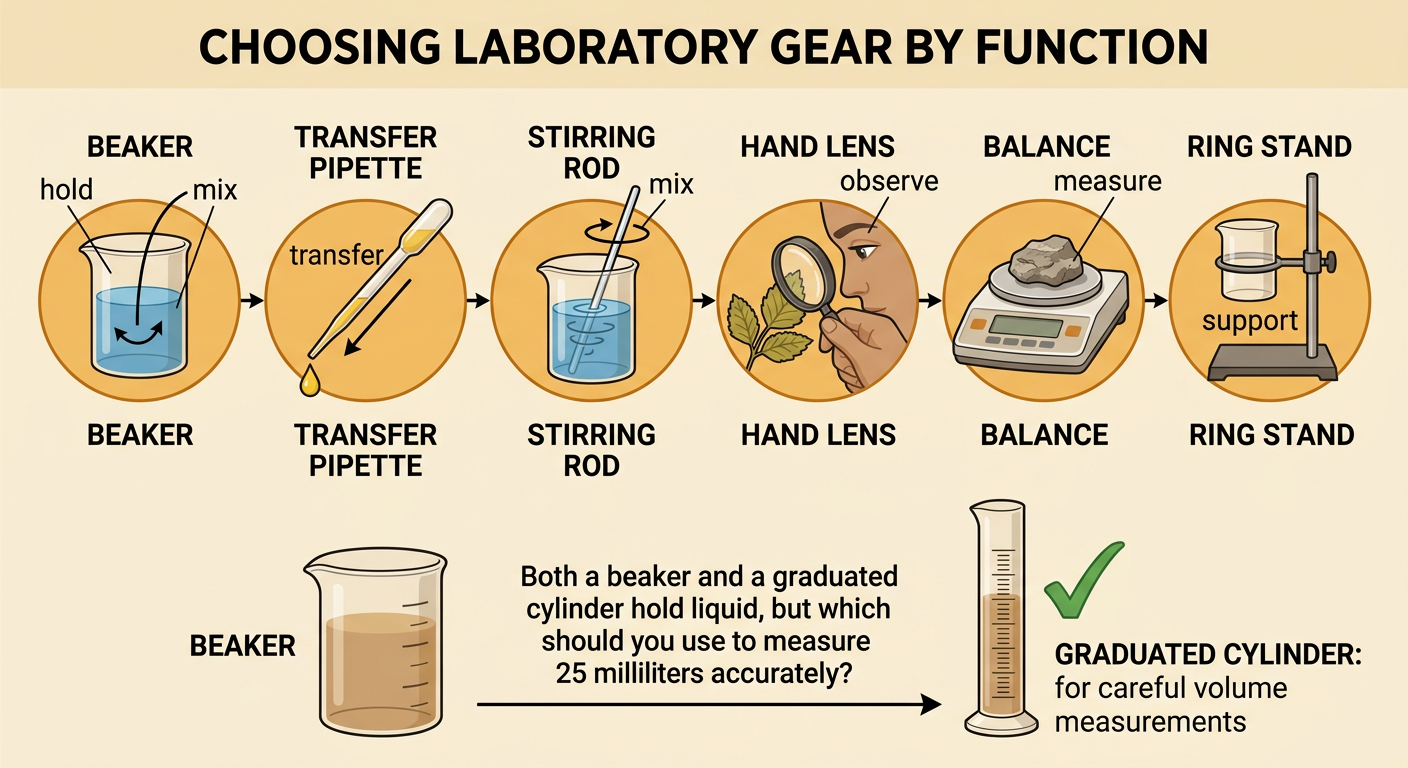 Six lab tools are connected by arrows to the basic functions they perform.