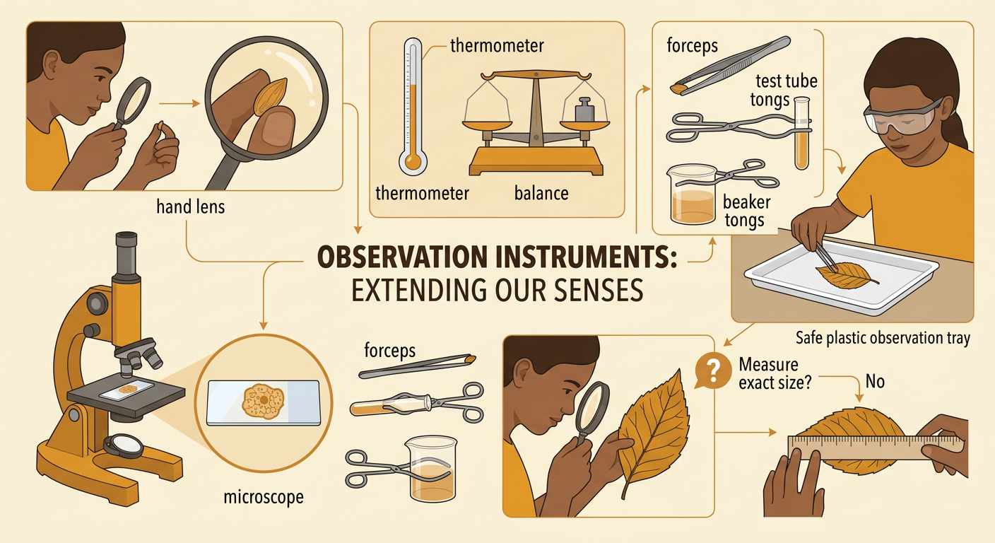 A leaf investigation displays viewing, measuring, and handling instruments around a specimen tray.