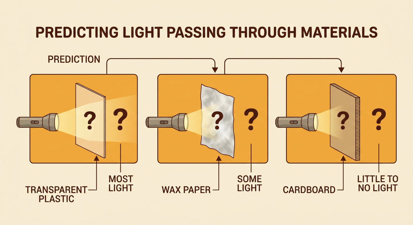 Three materials are placed under prediction cards showing how much light may pass through each one.