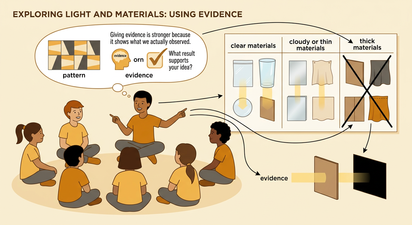Class results show a repeating pattern linking clear, cloudy or thin, and thick materials with different amounts of light.