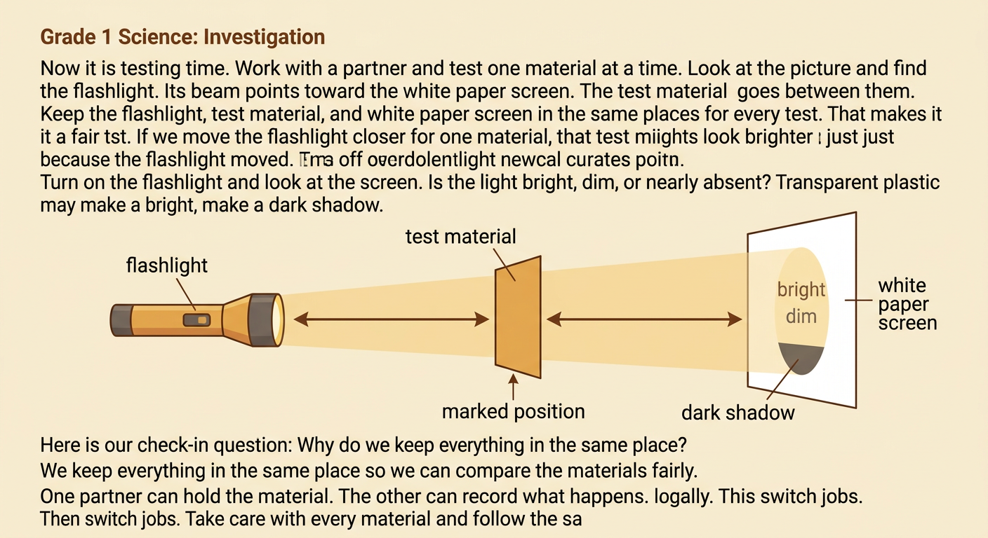 A flashlight shines through one test material toward a white paper screen in a fair testing setup.