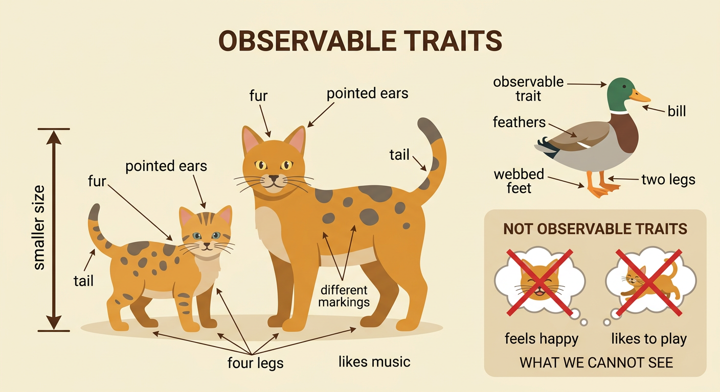 A duck and a kitten with an adult cat have their clearly visible body traits marked.