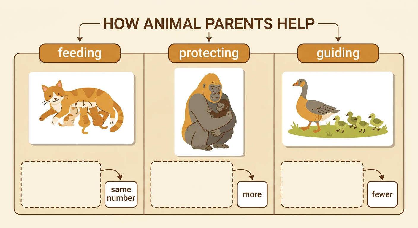 A sorting board places a nursing cat, a guarding gorilla, and a leading goose into three care groups.
