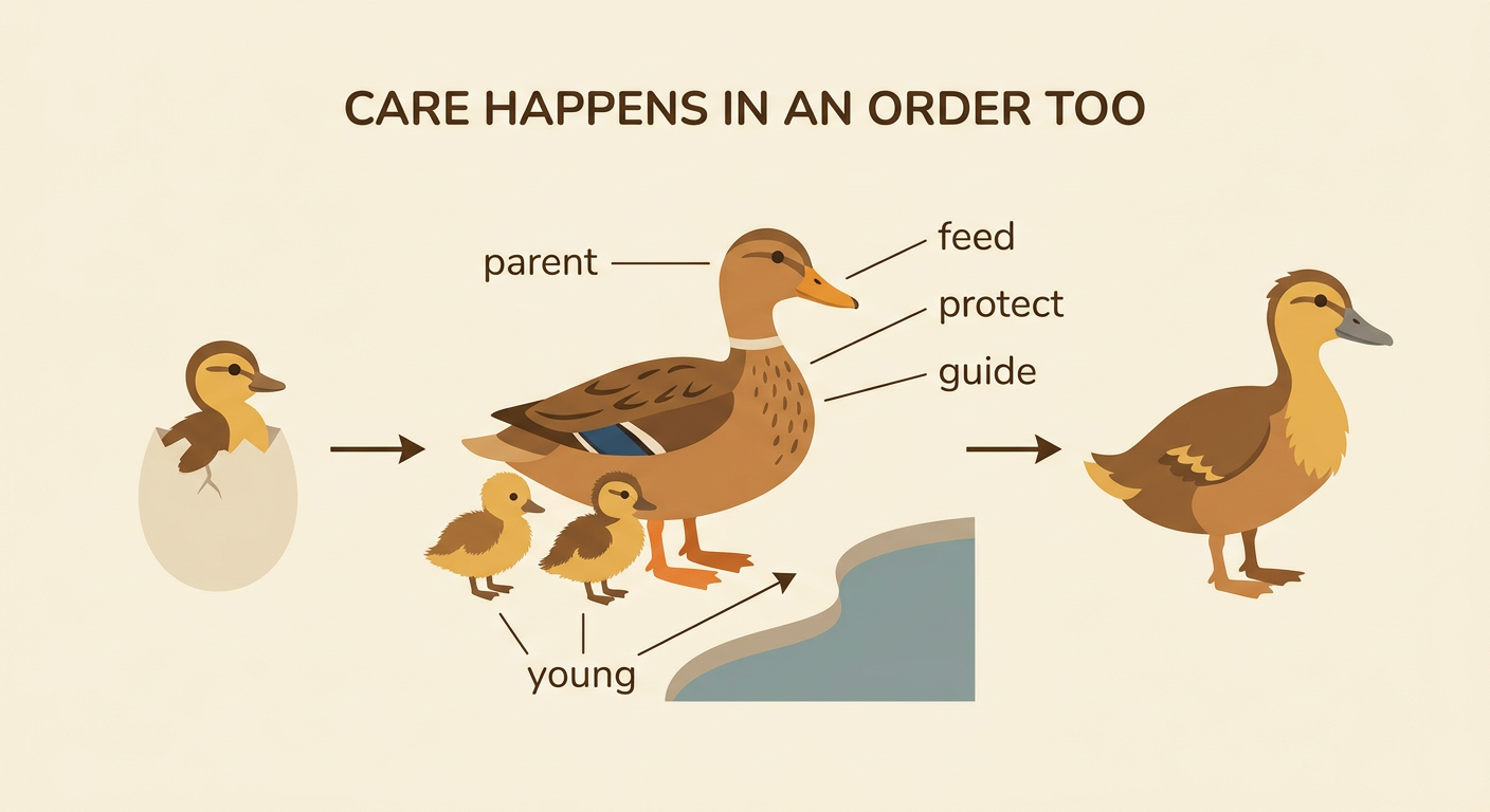 A mother duck leads ducklings toward a pond while a lion nurses cubs and a bird brings an insect to chicks nearby.