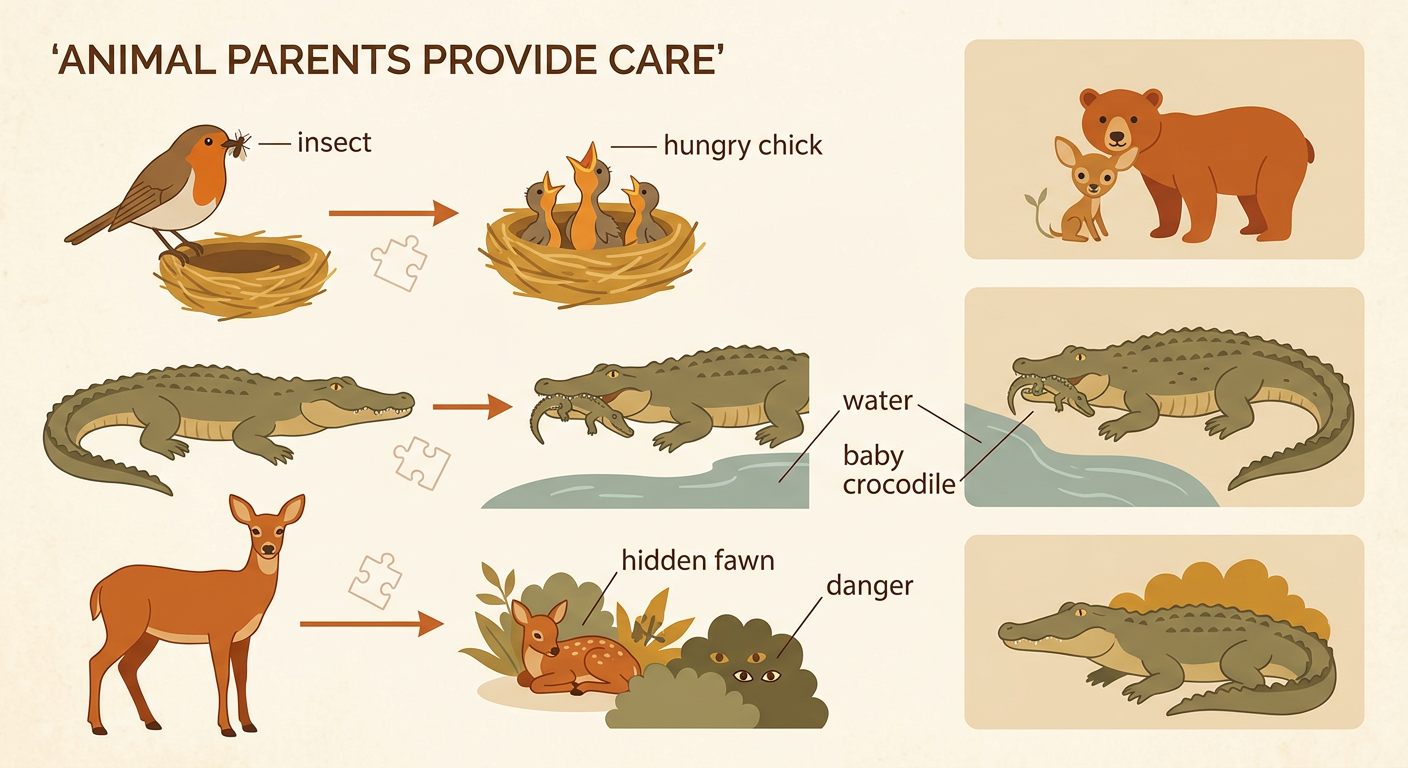 A clue picture shows a bird bringing an insect to a chick, a crocodile carrying a hatchling, and a deer guarding a fawn.