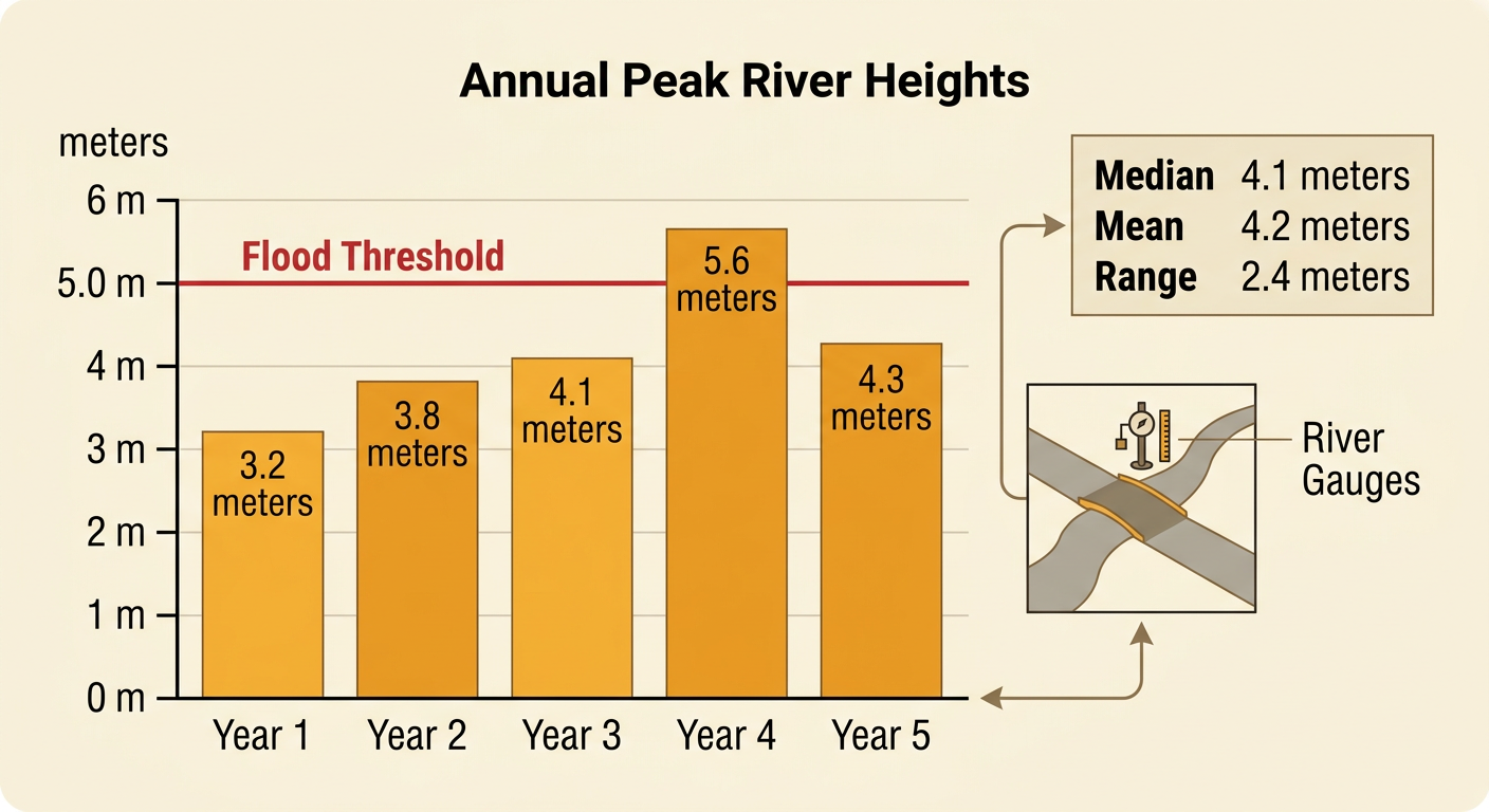 A five-year river-height graph shows one peak crossing a 5.0-meter flood threshold, with summary statistics beside it.
