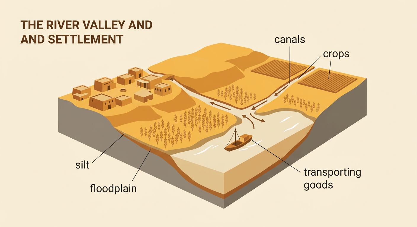 An Egyptian riverbank scene shows floodwater leaving silt as farmers use canals to water crops near homes and boats.