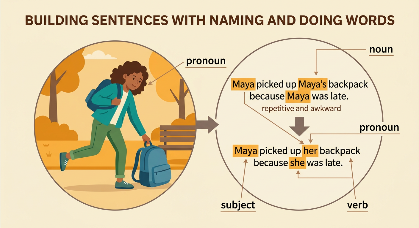 A student carries a backpack beside the sentence “She carries the backpack,” with its main sentence jobs marked.