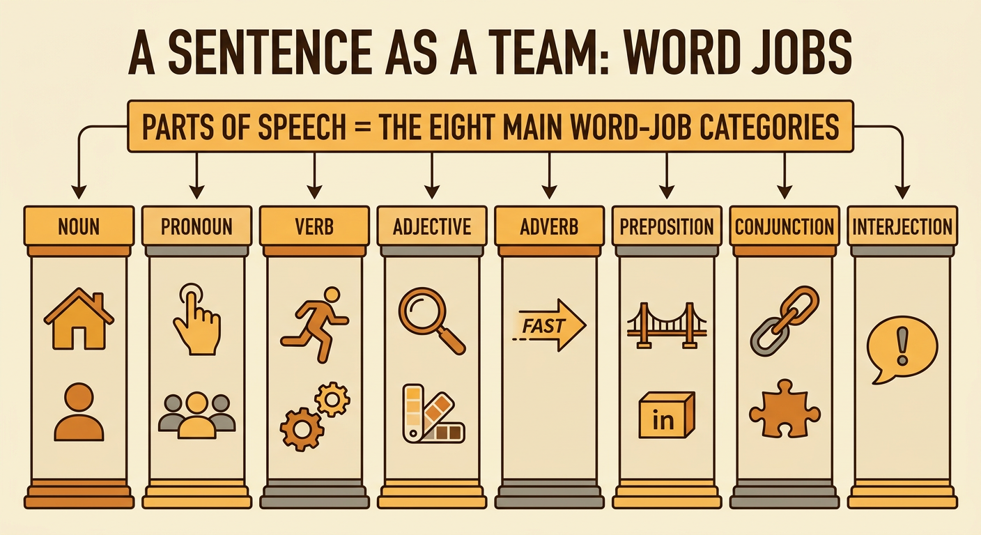 Three sentence cards show the word “light” doing different jobs as a thing, a description, and an action.